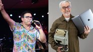 Montagem de duas fotos lado a lado, uma do Artista Almir Rouche e outra do jornalista Jamilo Melo segurando máquina de escrever e notebook