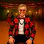 Na foto, o artista renomado Carlinhos de Jesus. Ele está vestido com uma roupa formal e chamativa, característica da dança de salão, sorrindo. Sentado e ao fundo um salão com pessoas dançando.