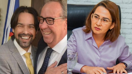 Montagem de duas fotos, à esquerda Diogo Moraes e Álvaro Porto sorriem abraçados, à direita Débora Almeida olha para o lado sentada