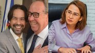 Montagem de duas fotos, à esquerda Diogo Moraes e Álvaro Porto sorriem abraçados, à direita Débora Almeida olha para o lado sentada