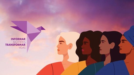 Ilustração de mquatro mulheres de perfil sobre um fundo de nuvens roxas