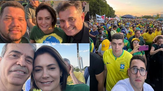 Montagem de três fotos. 1- Abimael ao lado de Michelle Bolsonaro e Coronel Meira, Michelle usa camisa com bandeira do Brasil. 2- Feitosa ao lado de Michelle. 3- Thiago Medina no meio da multidão de pessoas de verde e amarelo