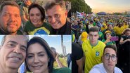Montagem de três fotos. 1- Abimael ao lado de Michelle Bolsonaro e Coronel Meira, Michelle usa camisa com bandeira do Brasil. 2- Feitosa ao lado de Michelle. 3- Thiago Medina no meio da multidão de pessoas de verde e amarelo