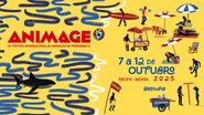 Cartaz do festivel com desenho de praia com elementos de mar, tubarão e pessoas na areia