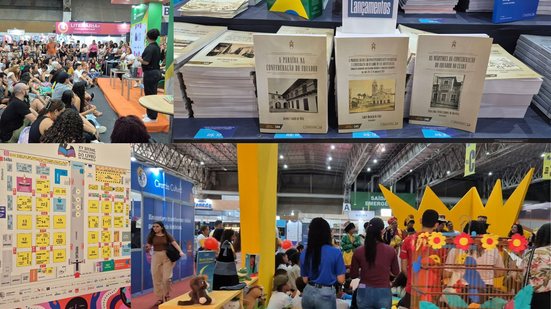 Montagem de 3 fotos. 1- pessoas sentadas no chão em frente a um palco, diversas pessoas estão em pé. 2- fotos de livros sobre confederação do equador. 3- mapa da bienal 4- contação de histórias com pessoas fantasiadas
