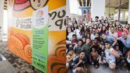 Montagem de duas fotos, à esquerda academia da saúde com pinturas, à direita João Campos, Victor Marques diversas pessoas incluindo crianças sorriem em local embaixo de ponte