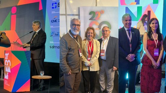 Montagem de 3 fotos. Márcio Gomes fala no microfone em palco, Jamildo e um homem e uma mulher, Márcio Gomes com Simone Nunes