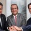 Coronel Meira, Valdemar Costa Neto e Anderson Ferreira sorriem segurando a mão um do outro