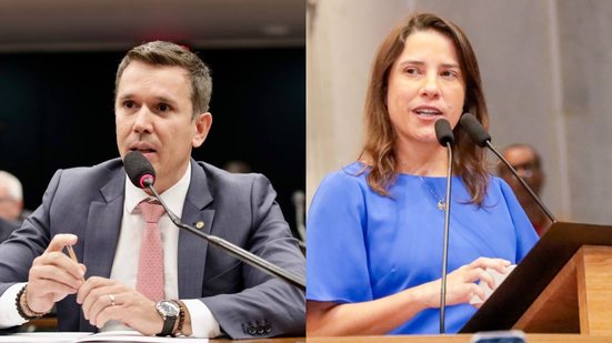 Duas imagens lado a lado: Felipe Carreras e Raquel Lyra, ambos falando em microfone