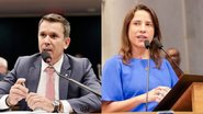 Duas imagens lado a lado: Felipe Carreras e Raquel Lyra, ambos falando em microfone