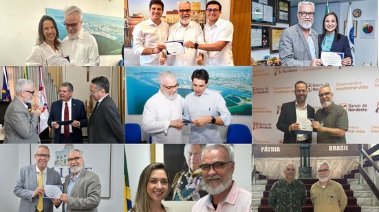 Montagem de 9 fotos que Jamildo está ao lado de alguém, na ordem: Raquel Lyra, João Campos e Victor Marques juntos, Ingrid Zanella, Ricardo Paes Barreto e assessor, Silvio Costa Filho, Hugo Queiroz, Álvaro Porto, embaixadora da Inglaterra e militar