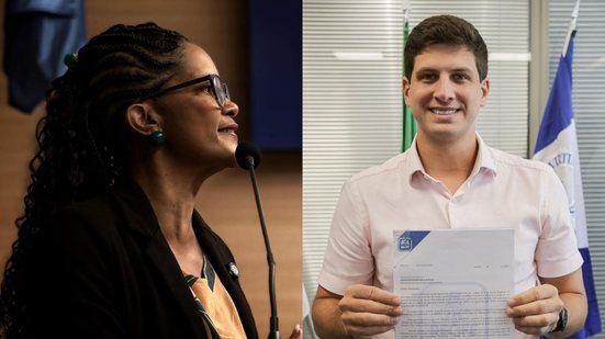 Fotos distintas: Jô Cavalcanti falando em microfone e João Campos segurando documento