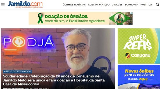 Reprodução da home do site Jamildo.com com o banner principal, de maior destaque, para a campanha nacional.