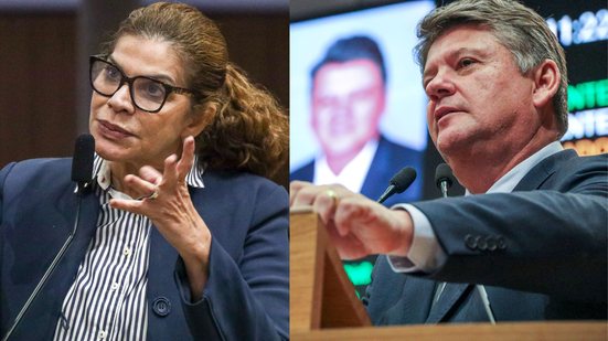 Socorro Pimentel com semblante sério gesticula com as mãos em frente a microfone, na foto ao lado Sileno Guedes olha para frente enquanto fala em microfone de púlpito
