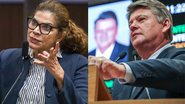 Socorro Pimentel com semblante sério gesticula com as mãos em frente a microfone, na foto ao lado Sileno Guedes olha para frente enquanto fala em microfone de púlpito