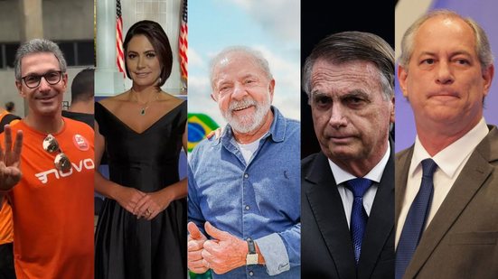 Montagem de fotos de Zema, Michelle Bolsonaro, Lula, Jair Bolsonaro e Ciro Gomes lado a lado