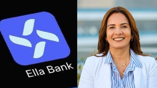 Montagem de duas fotos, à esquerda logo de aplicativo de celular escrito ella bank, à esquerda mulher branca sorri de terno, ela tem cabelo castanho
