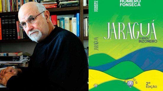 Homero Fonseca olha de lado, à direita livro em verde, amarelo e azul escrito Jaraguá