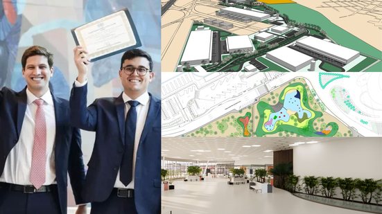 Montagem de 4 fotos, à esquerda João Campos e Victor Marques sorriem, à direita 3 fotos do projeto intermodal com rascunho e projeção 3d de estruturas