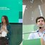 Montagem de duas fotos, à esquerda Raquel Lyra fala em microfone, à direita João Campos fala em microfone