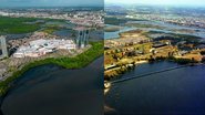 Montagem de duas fotos, à esquerda visão de cima com várias áreas verdes e prédios, à direita visão de cima com desmatamento