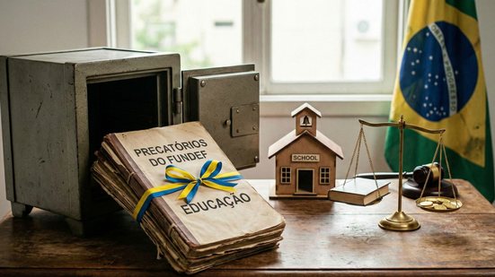Fotografia simbólica sobre mesa de madeira contendo um cofre aberto, documentos identificados como "Precatórios do Fundef", uma miniatura de escola, uma balança da justiça equilibrando livros e moedas, um martelo de juiz e a bandeira do Brasil ao fundo.