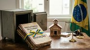 Fotografia simbólica sobre mesa de madeira contendo um cofre aberto, documentos identificados como "Precatórios do Fundef", uma miniatura de escola, uma balança da justiça equilibrando livros e moedas, um martelo de juiz e a bandeira do Brasil ao fundo.