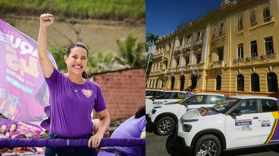 Montagem de duas fotos, Raquel Lyra de roxo em campanha, Carro com pintura branca e roxa