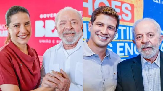 Montagem de duas fotos, à esquerda Raquel Lyra e Lula seguram as mãos, à direita João Campos e Lula estão lado a lado, em ambos os casos todos sorriem