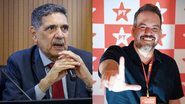 Montagem de duas fotos, João Paulo com cara de choque sentado, Felipe Cury sorri fazendo o L com a mão, ao fundo estampa do PT