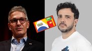 Montagem de Romeu Zema à esquerda e Renan Santos à direita. No meio, um cartão do Bolsa Família