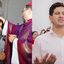 Montagem de fotos. À esquerda, Raquel Lyra sendo benzida, e à direita, João Campos rezando