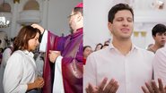Montagem de fotos. À esquerda, Raquel Lyra sendo benzida, e à direita, João Campos rezando