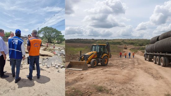 Montagem de duas fotos. Defesa civil olha estrada com buracos, agentes usam coletes do DER-PE e da Defesa Civil. Trator ao lado de estrada de terra