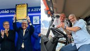 Montagem: à esquerda, Dueire recebendo homenagem; à direita, Humberto Costa entregando retroescavadeira