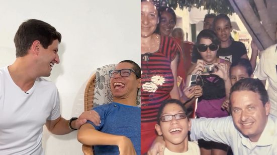 Montagem de 2 fotos. À esquerda João Campos com um homem pardo de óculos sentado, ambos sorriem. À direita foto antiga de Eduardo Campos e o mesmo jovem ainda criança. Ao fundo pessoas olham