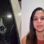 Colagem mostra, à esquerda, o detalhe de um vidro escuro estilhaçado com uma perfuração circular no centro. À direita, uma mulher jovem de cabelos longos e escuros olha séria para a câmera.