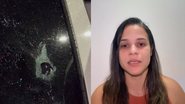 Colagem mostra, à esquerda, o detalhe de um vidro escuro estilhaçado com uma perfuração circular no centro. À direita, uma mulher jovem de cabelos longos e escuros olha séria para a câmera.