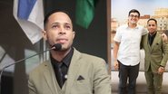 Montagem de duas fotos. Douglas Brito é um homem pardo de cabelos curtos crespos. Ele usa um terno verde acizentado e fala em microfone na câmara. Victor Marques e Douglas sorriem lado a lado em área da Prefeitura