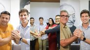 Danúbio Vieira segura mão de João Campos, João Campos com diversas pessoas e Gilmar Pereira com João Campos