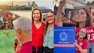 Montagem de 4 fotos. Humberto Costa discursa para multidão. Liana Cirne e Jô Cavalcanti sorriem. Maria Arraes protesta com mão erguida. Kari Santos sorri ao lado de uma carteira de trabalho gigante escrito "fim da escala 6x1"