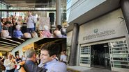 Montagem de 3 fotos. João Campos falando em microfone ao redor de pessoas. João Campos abraça pessoa. Fachada da Secretaria da Fazenda