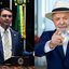 Montagem: à esquerda, Flávio Bolsonaro na tribuna do Senado; à direita, Lula.