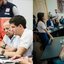 Montagem de duas fotos João Campos ao lado de Marcílio Régio em frente a computador. Raquel Lyra em pé em reunião com varias pessoas sentadas no Palácio do Campo das Princesas