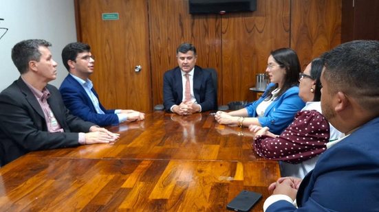 Carol Tabosa, com sua equipe, em articulações no Senado pelo piso salarial dos médicos
					
					
					Divulgação