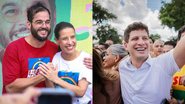 Montagem de 2 fotos, Túlio Gadelha e Raquel Lyra sorriem com as mãos juntas. à direita João Campos sorri em multidão