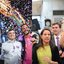 Lula da Fonte, Raquel Lyra, Eduardo da Fonte e Túlio Gadelha sorriem enquanto caem confetes. Ao fundo palco de show. À direita Raquel Lyra e Priscila Krause tocam pandeiro ao lado de Miguel Coelho
