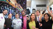 Lula da Fonte, Raquel Lyra, Eduardo da Fonte e Túlio Gadelha sorriem enquanto caem confetes. Ao fundo palco de show. À direita Raquel Lyra e Priscila Krause tocam pandeiro ao lado de Miguel Coelho