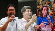 Montagem de 3 fotos, Ivan Moraes, João Campos e Raquel Lyra. todos falam em microfones