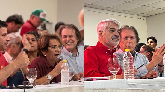 Montagem de 2 fotos. Luciano Bivar sorri ao lado de Carlos Veras. Foto 2 Luciano Bivar fala com Humberto Costa